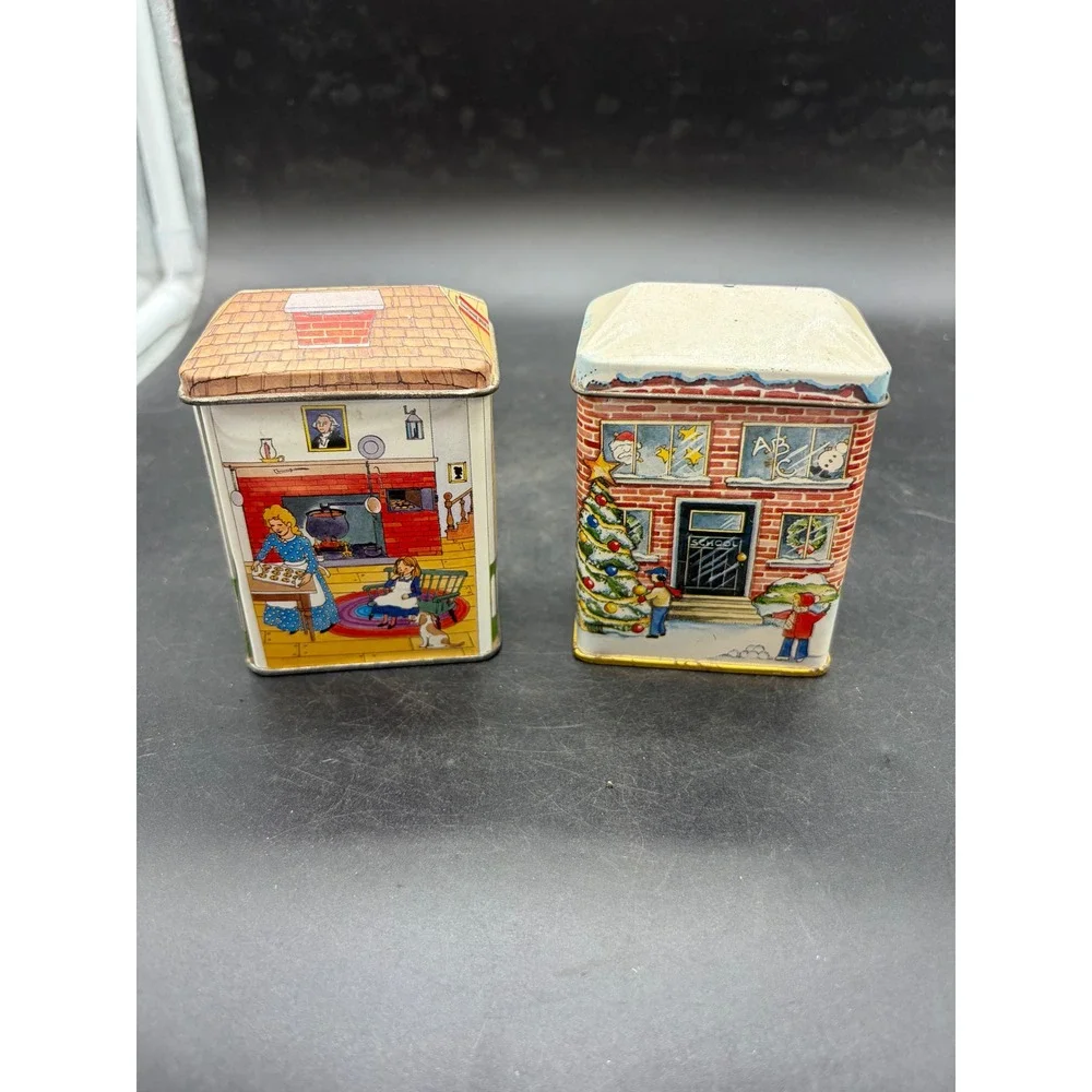 Vintage Nestle Toll House Cottage & Tin Box Co Schoolhouse Christmas Tins Set 2